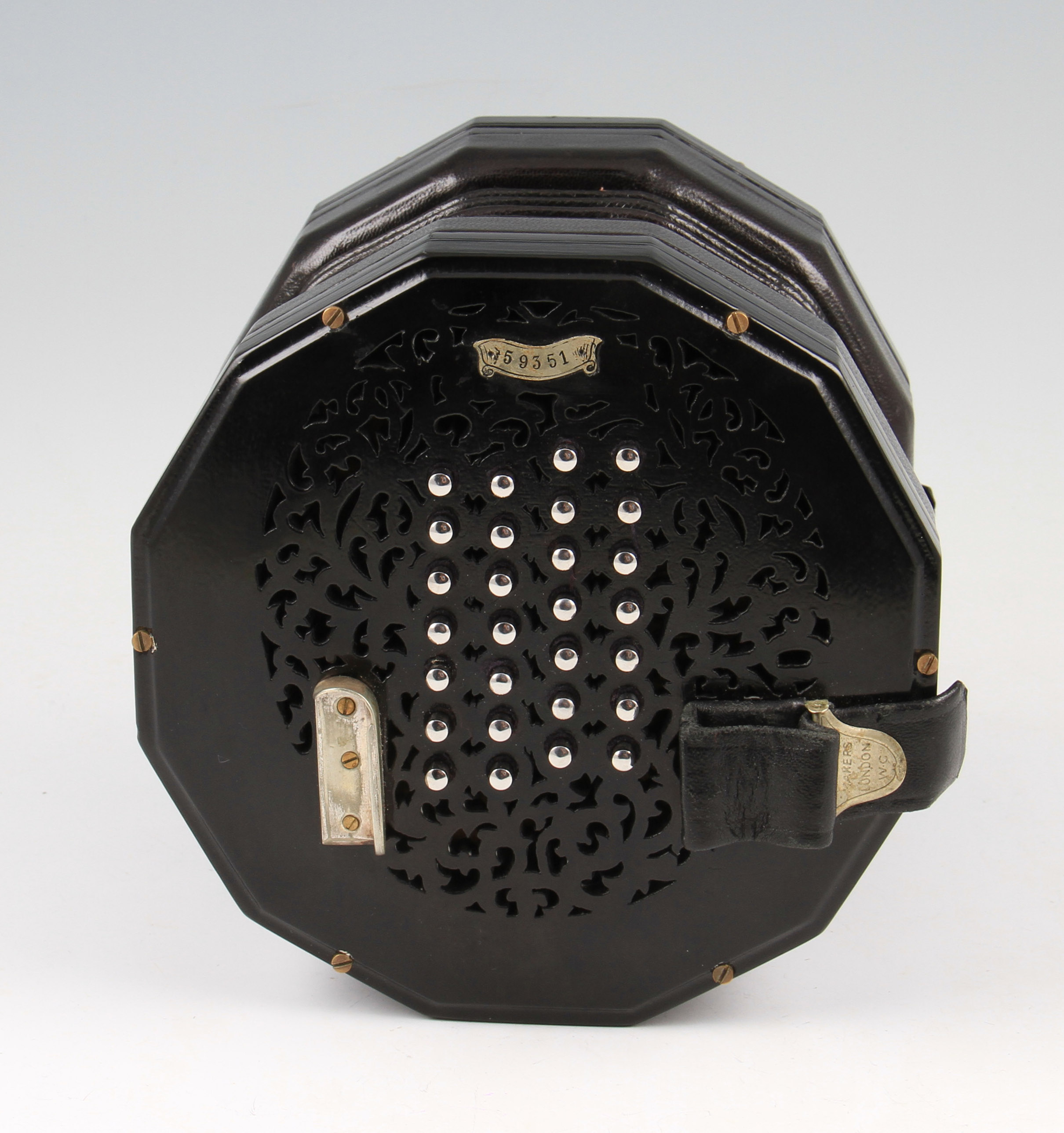 A Lachenal & Co 'The Edeophone' concertina, with black ebonized body with fretwork end sections with - Image 3 of 3