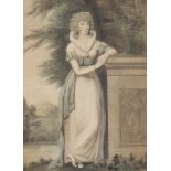 Framed, unsigned, watercolour on paper, full length portrait of a Georgian lady leaning on carved