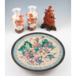 A group of Oriental items to include; carved soapstone figure on carved base, pair of hand painted