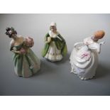 Three figures, two Royal Doulton, Dawn, Happy Birthday, one Crown Stuart.