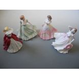 A group of four Coalport figures, Margaret, Christabel, Young Love, Happy Birthday.