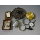 A collection of mixed small items to include pocket compass, brass spyglass, miniature books etc.