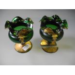 A pair of green glass vases with gilt decoration. A/F.