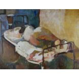 ROGER WALKER. Framed, signed verso, oil on board, female nude figure laying curled up on an iron
