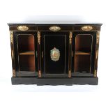 An early 20th Century ebonised break front credenza with boxwood inlaid string edging and ormolu