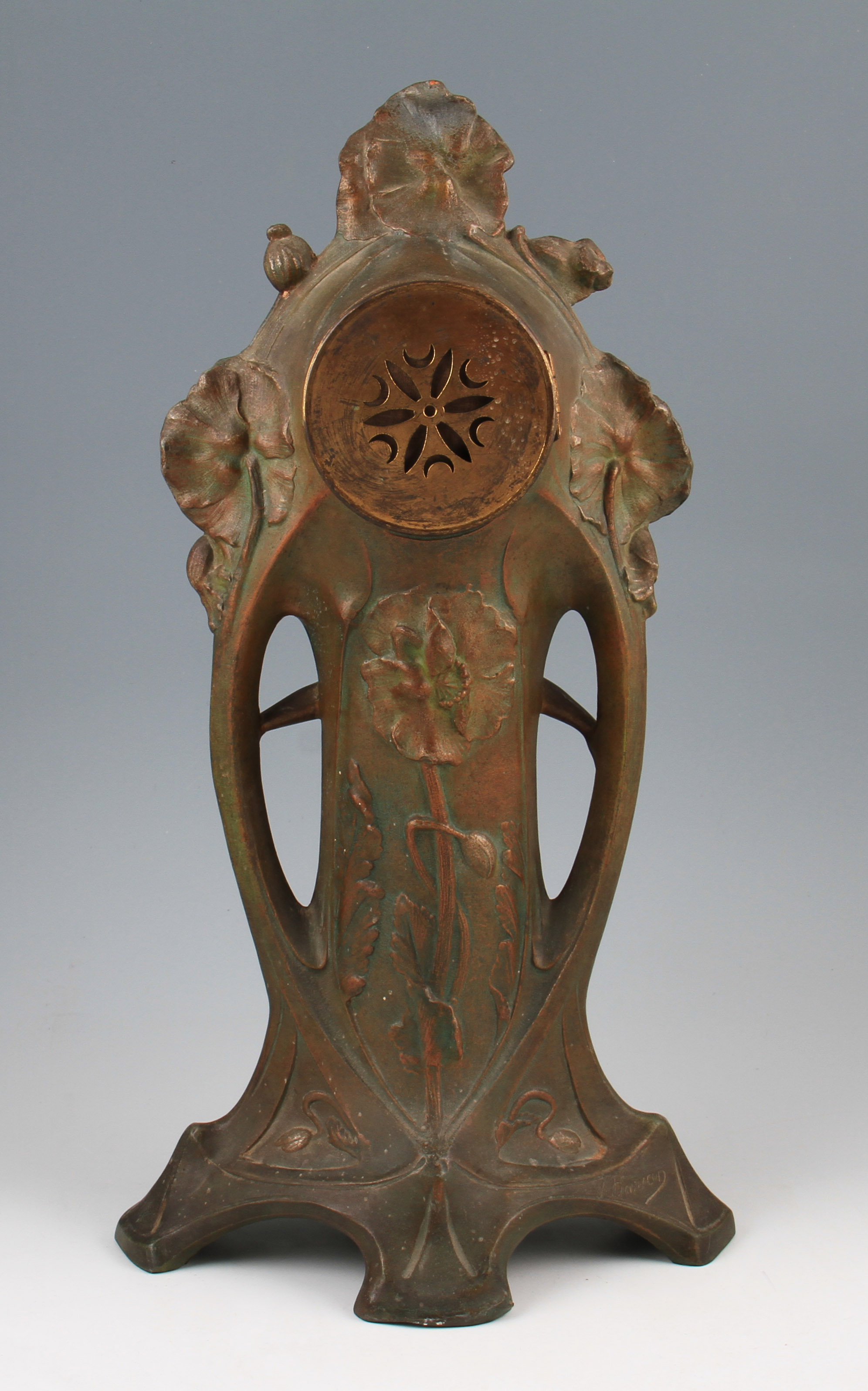 An early 20th Century French Art Nouveau cast metal clock in bronzed finish having central female - Image 2 of 2