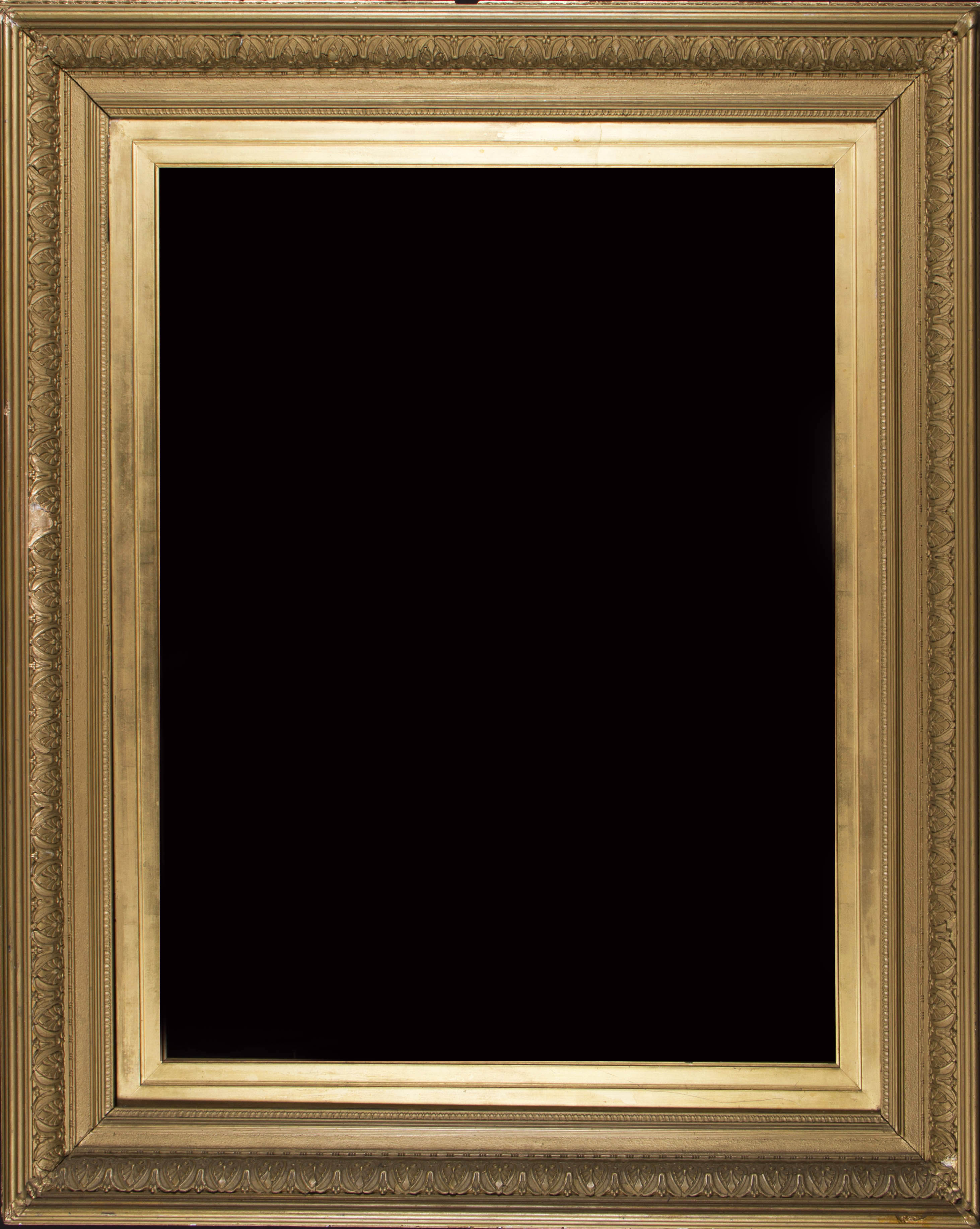 Two large rectangular decorative gilt frames, approx. rebate: 72cm x 91.5cm, (2).