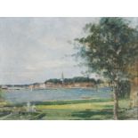 O' CONNELL. Framed, signed, 20th Century oil on board river landscape scene with tree to grassy bank