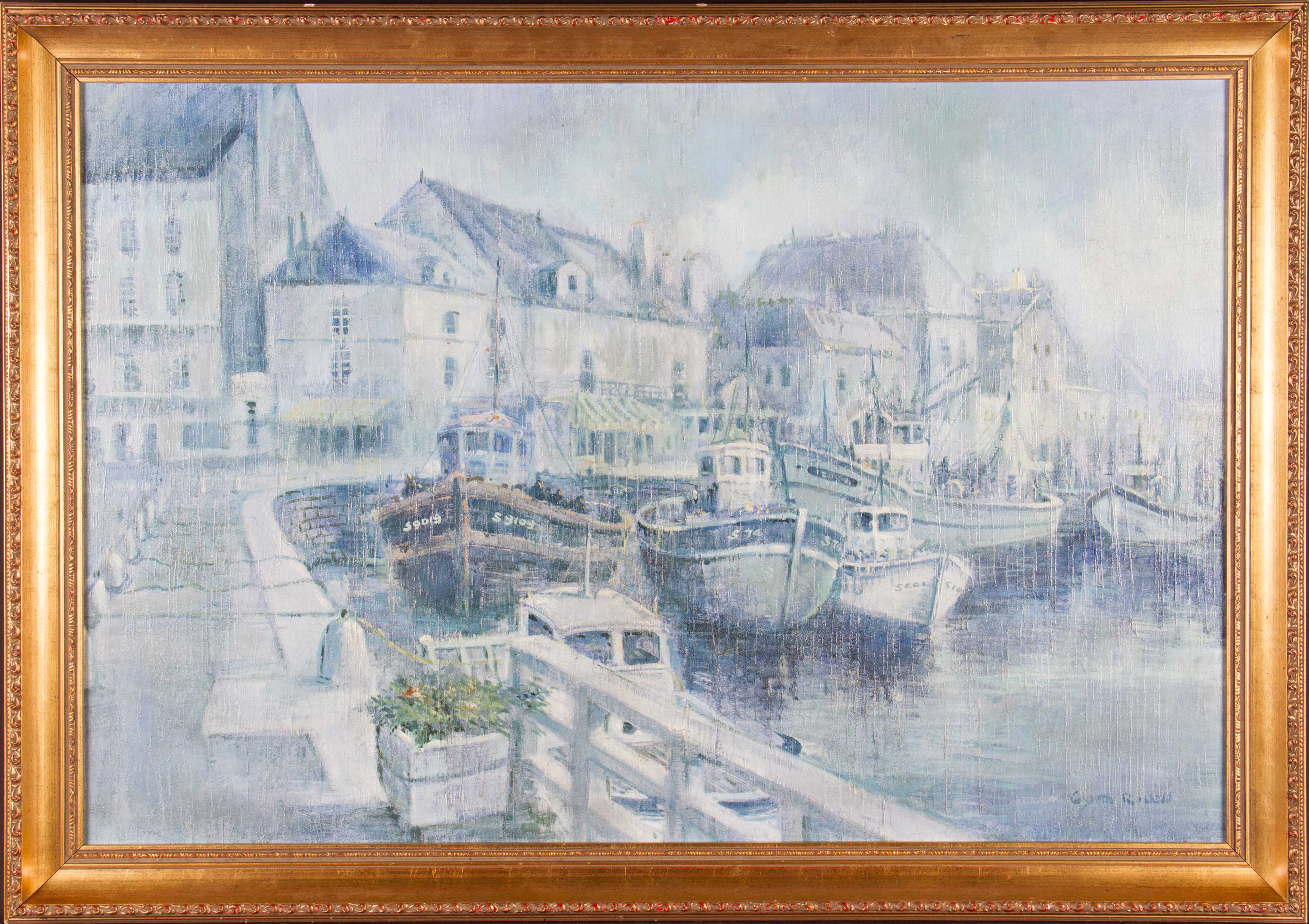 RUSSELL. Framed, indistinctly signed, 20th Century oil on canvas, fishing boats at a coastal - Image 2 of 2