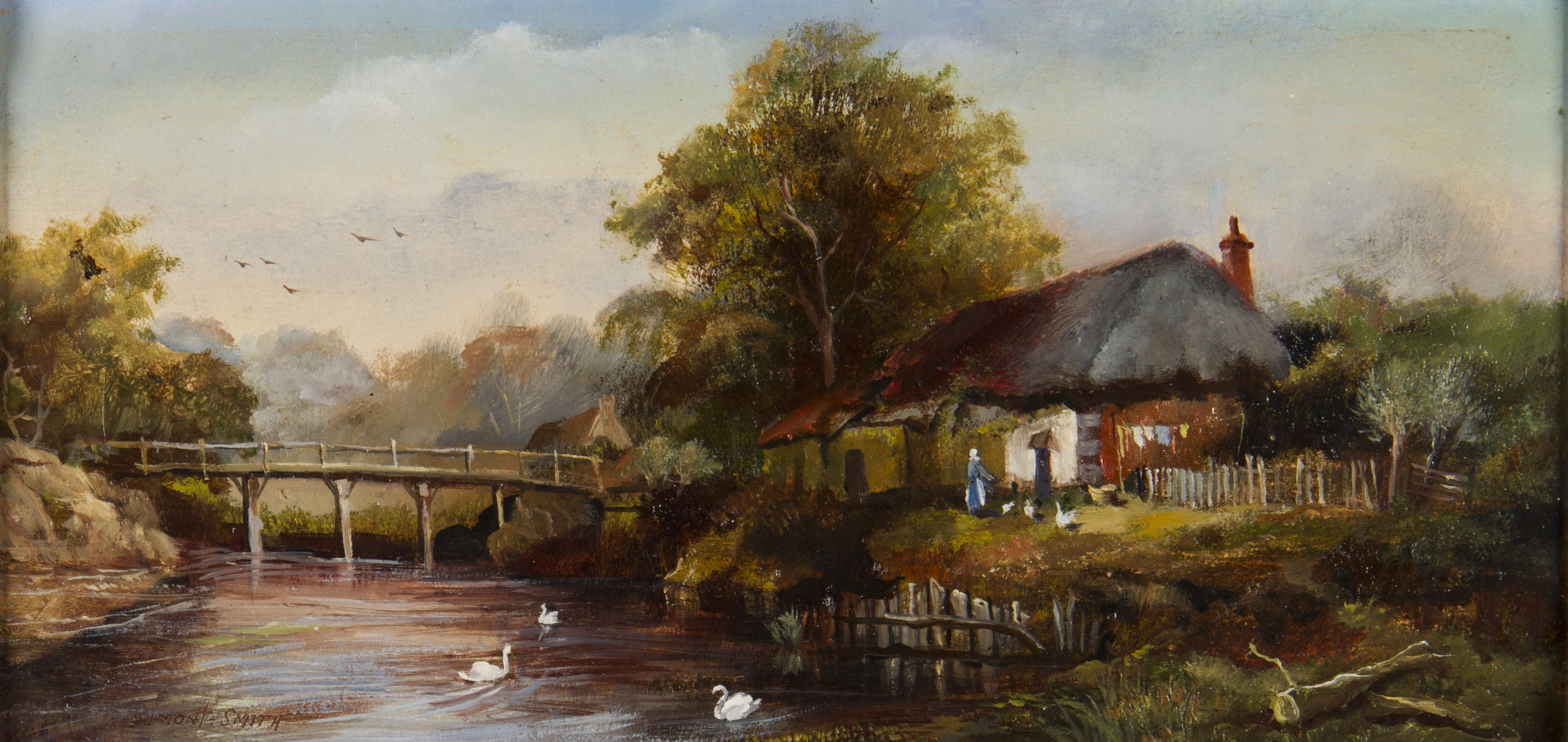 ROBERT DUMONT- SMITH (c. 1908 -) Two framed, signed, oils on board, one rural village river scene - Image 2 of 4