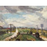 ROBIN WALLACE (1897 - 1952) Framed, signed, oil on board, titled on label verso, 'Crossroads', rural