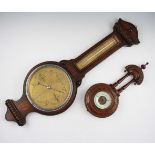 A lot to include; oak bodied barometer and thermometer with another thermometer with turned column