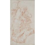 Framed, unsigned, red crayon on paper, Old Master style sketch of two classical figures, one stood