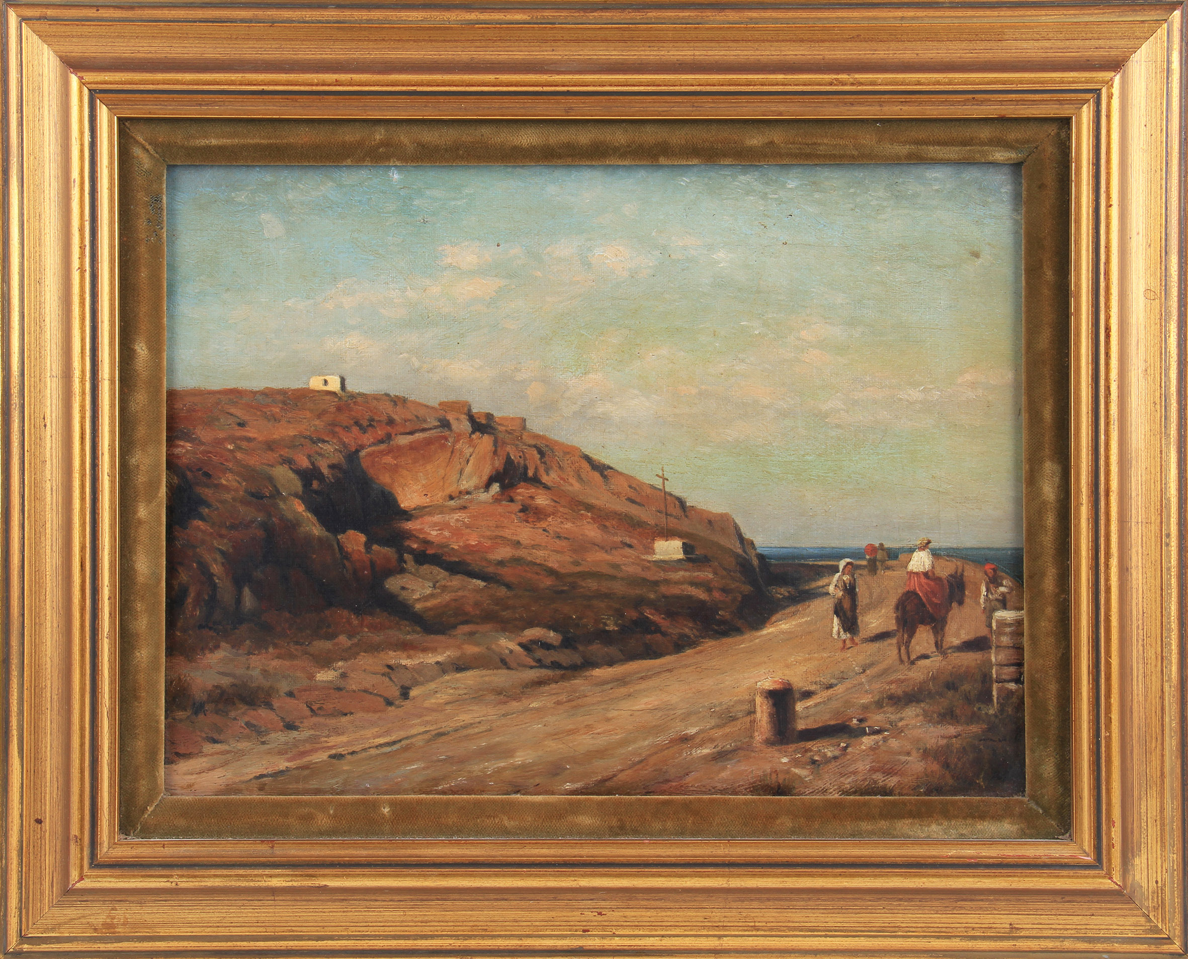 Framed, unsigned, oil on canvas, figures with donkey on coastal pathway with wooden cross set into - Image 2 of 2