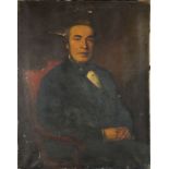 Unframed, unsigned, oil on canvas, half length portrait of a gentleman seated in red chair, with