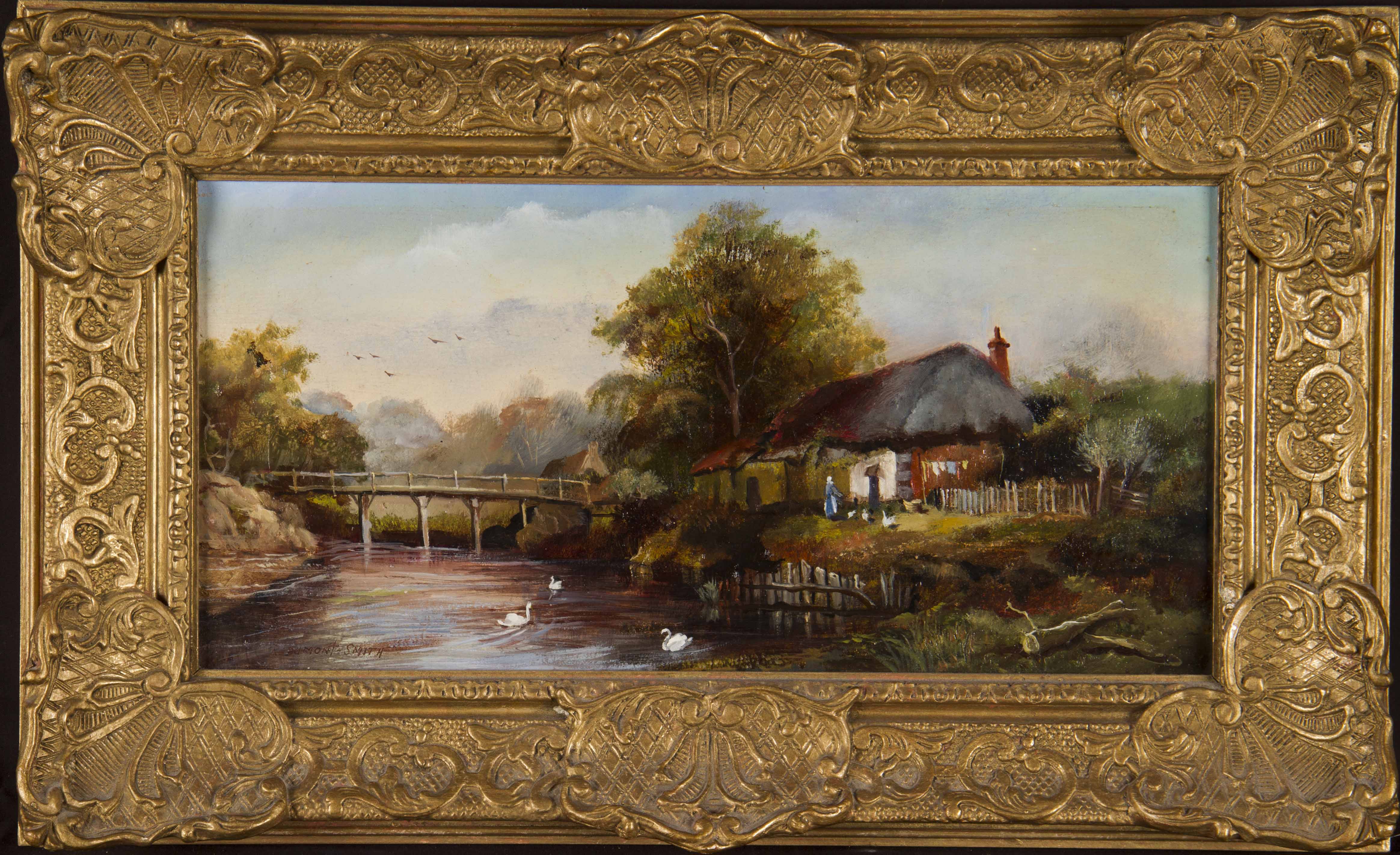 ROBERT DUMONT- SMITH (c. 1908 -) Two framed, signed, oils on board, one rural village river scene - Image 4 of 4