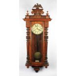 A Victorian mahogany Vienna hanging wall clock with patterned dial with black Roman numeral hourly