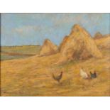 Framed, indistinctly signed, oil on board, three chickens pecking at the ground in a summers hay