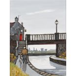 DAVID BARNES. Framed, signed verso, oil on board, canal scene with man and bike approaching steps to