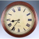 A Victorian circular mahogany cased wall clock with fusee movement, face having black Roman