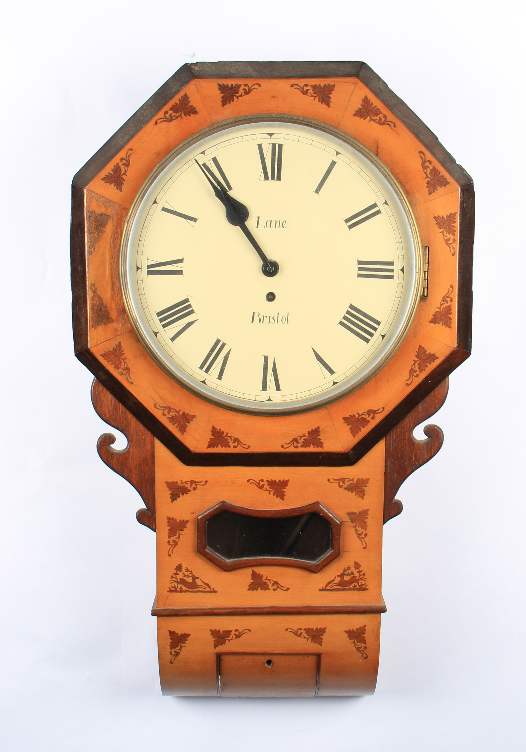 A Victorian light stained mahogany cased inlaid American wall clock with fusee movement, dial having