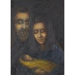 Framed, unsigned, 20th Century oil on board, study of a mother and father cradling a baby wrapped in