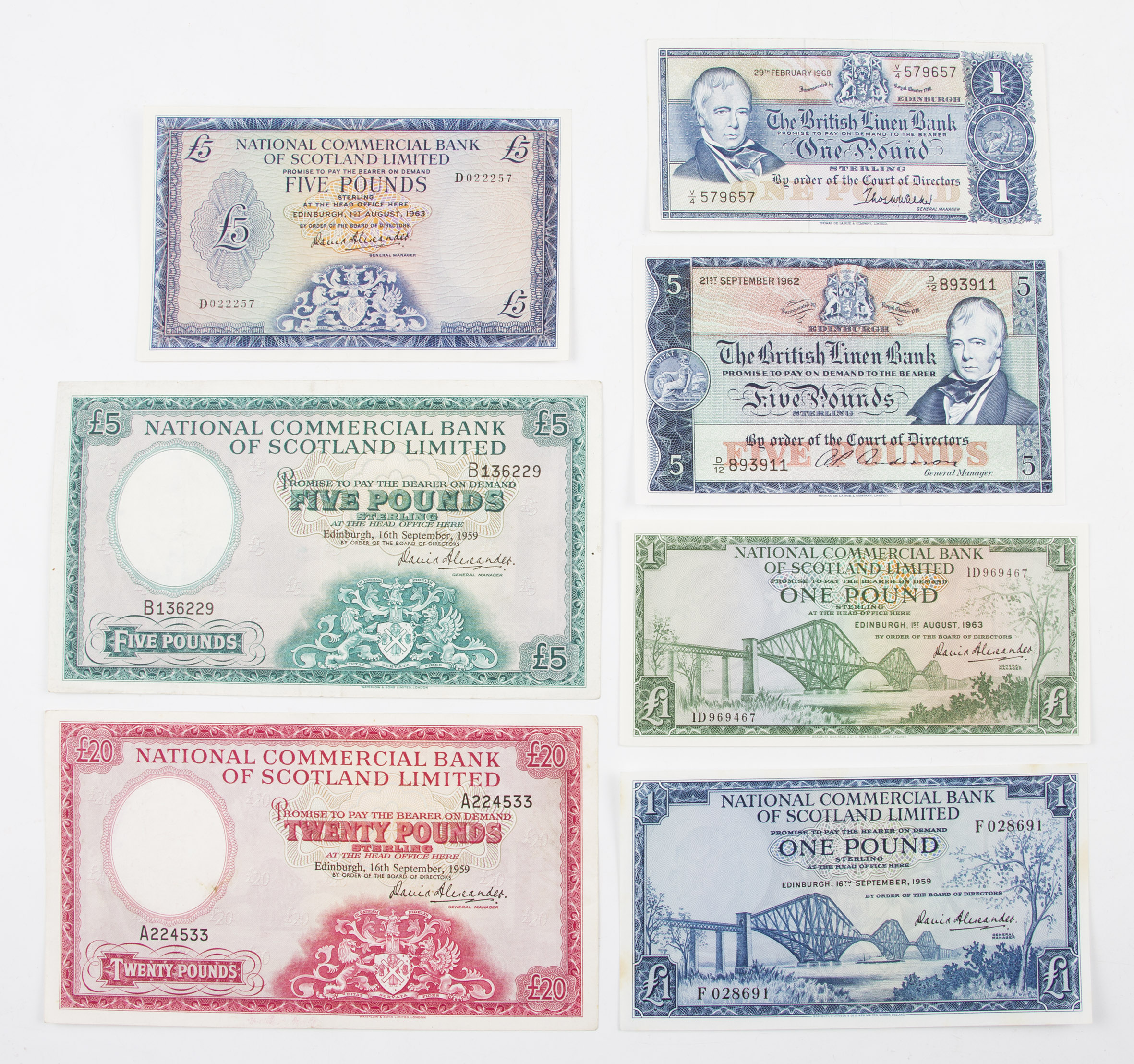 A group of seven Scottish bank notes to include five National Commercial Bank of Scotland Limited