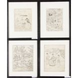 A set of eight, framed, eighteenth century Japanese woodblock prints on paper, to include works by