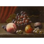 KATIE MACKAY. Framed, signed, dated 1892, oil on canvas, still life study of fruit arranged on a