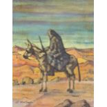 Framed, indistinctly signed, 20th Century oil on canvas, cloaked figure on a donkey in rocky