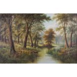 E. WALTERS. Framed, signed, oil on canvas, river landscape scene with woodland, titled verso, '