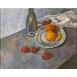 IAN W. GREEN. Framed, signed, oil on board, 20th Century still life of fruit on a plate with