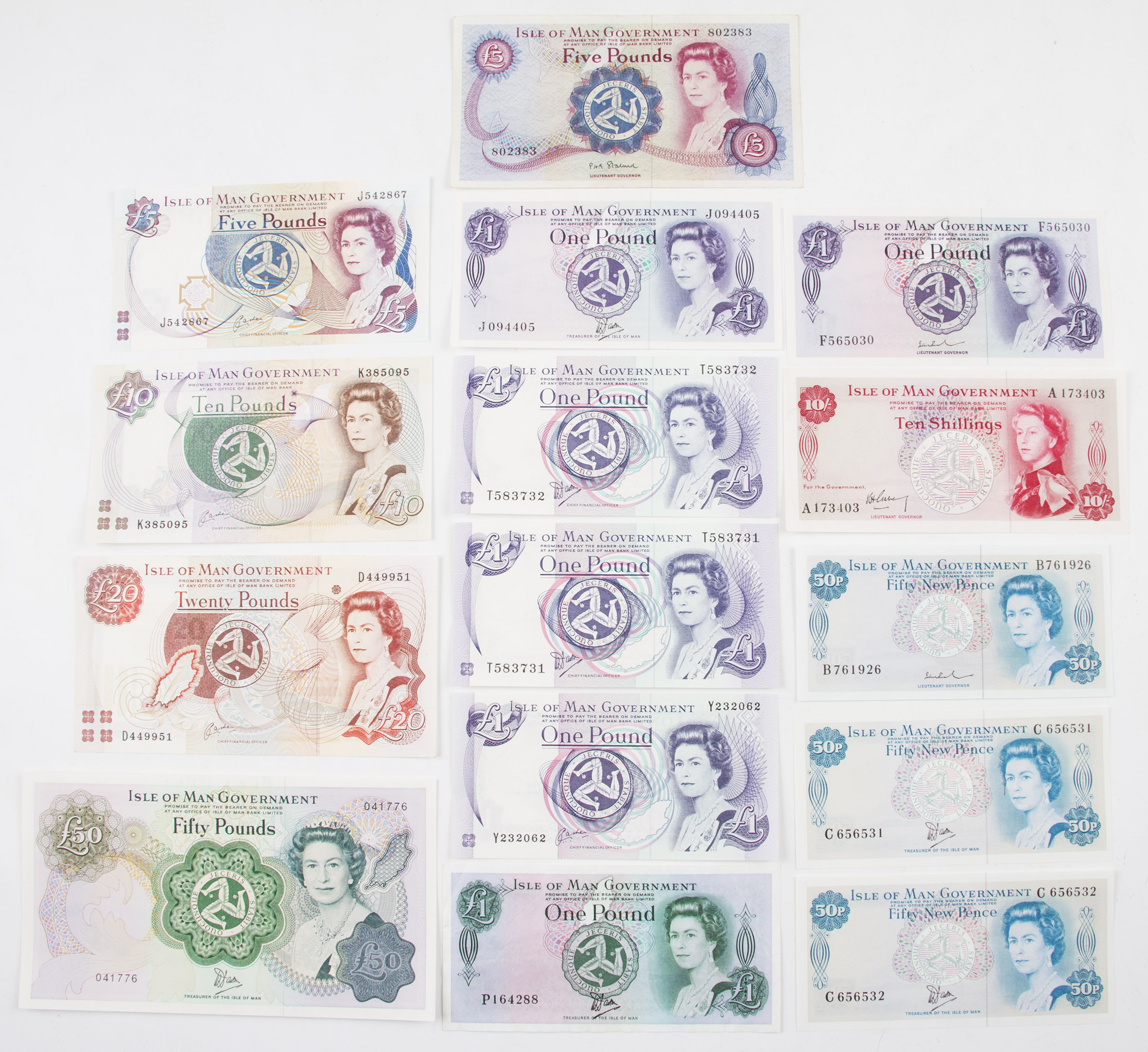 A group of Isle of Man bank notes including values 10 shillings, 50 pence, £1, £5, £10, £20 and £50,