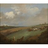 Framed, unsigned, 19th Century English School, oil on canvas, a steeplechase, in open rural