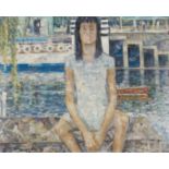 FRANK RUNACRES A.R.C.A. (1904 - 1974) Framed, signed, oil on board, girl sat before Richmond Weir,