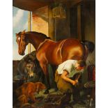 T. F. GILBERT. Framed, signed, dated 1947, oil on board, barn scene with farrier fitting a horse