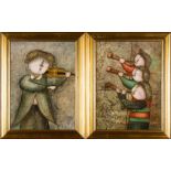 J. ROYBAL. Four framed, signed, Contemporary oils on canvas, two showing figures playing musical
