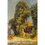 Framed, unsigned, 20th Century Continental oil on board, figure in doorway of cottage in woodland