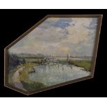 JOHN COX. Framed, signed, oil on board, titled on label verso, 'Marsh Bridge, Wells', figures on