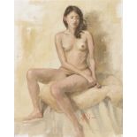 MATT GROGAN (b.1947) Framed, signed, oil on board, full length portrait of a seated female nude,
