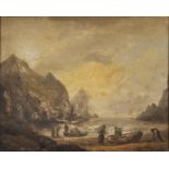 Framed, unsigned, oil on panel, coastal scene with figures and rowing boats on rocky beach cove at