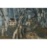 PHILIPPA THRELFALL (b. 1939) Framed, unsigned, mixed media on board, cottages behind silver birch