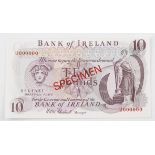 A Bank of Ireland Chestnutt £10 specimen bank note with serial U000000, uncirculated condition.