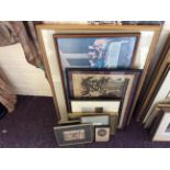 A selection of various framed and glazed prints to include landscape scenes and a study of a ship.