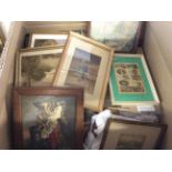 A box of various small framed prints including Baxter prints.