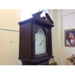 A mahogany grandfather clock with painted face of birds and maps and glass chamber.