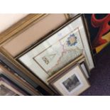 A selection of framed and glazed prints to include a map of Staffordshire.