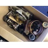 A box to include various silver plated items, brassware and carriage clocks.
