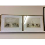 Two framed prints of Turner-esque Venetian river scenes with gondolas and other boats.