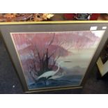A selection of various framed and glazed prints to include a large oriental scene depicting two